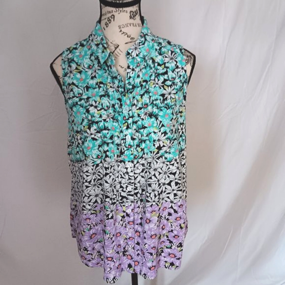 NWOT Women's Floral Sleeveless Blouse Teal White Lilac Summer Top Size M Summer